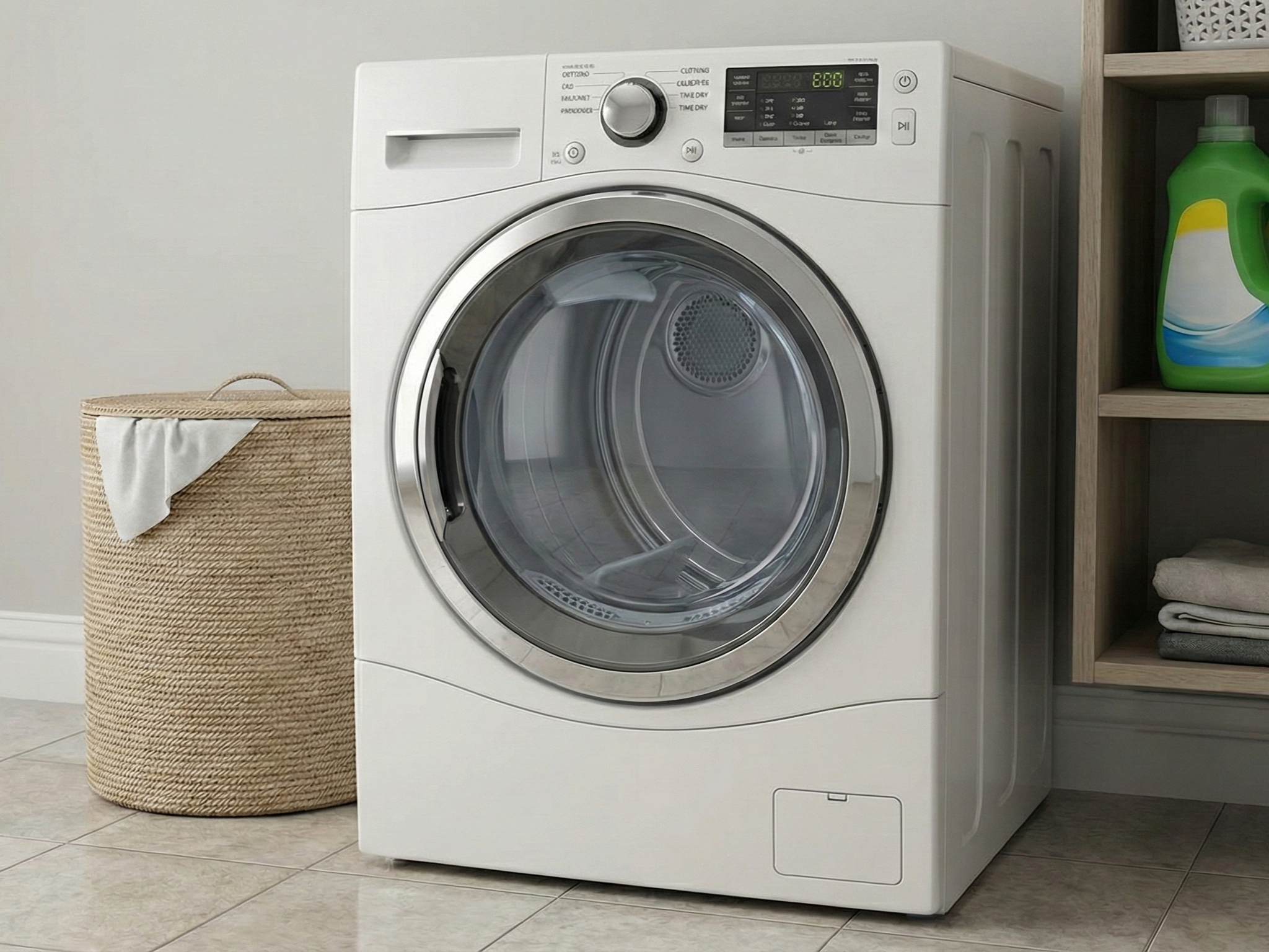 衣類乾燥機とそばに置かれた洗濯かご