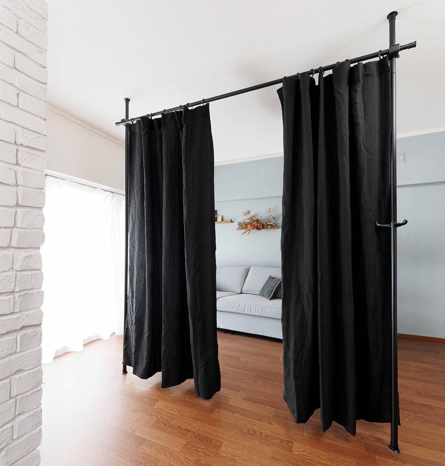 突っ張り パーテーション (2ポールブラック+カーテン2枚付き) ブラック